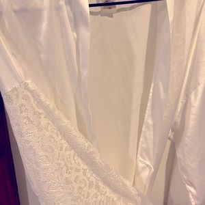 White satin bridal robe with lace